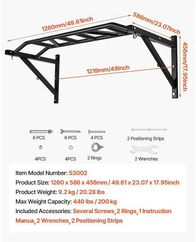 Alt view image 7 of 7 - Pull Up Bar, Multi-Grip Wall Mounted Pull Ups, 50 in Width Multifunctional Chin Up Training Station, Heavy Duty Steel Upper Body Workout Bars with Hangers, 440 lbs Weight Capacity, for Home Gym