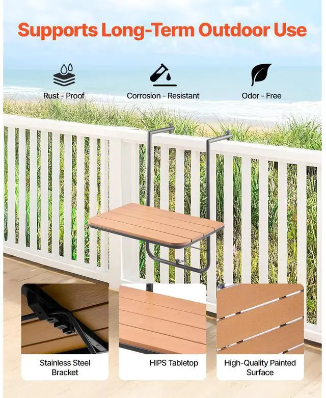 Alt view image 2 of 7 - Balcony Hanging Table, 25 x 24 in Folding Balcony Railing Table, Outdoor Balcony Bar Table for Railings, 4-Level Adjustable, Fit Railing from 1" to 5.5", Serving Table for Patio & Deck