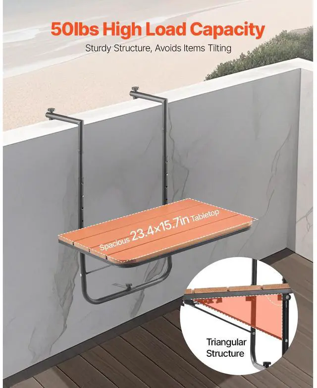 Alt view image 3 of 7 - Balcony Hanging Table, 25 x 24 in Folding Balcony Railing Table, Outdoor Balcony Bar Table for Railings, 4-Level Adjustable, Fit Railing from 1" to 5.5", Serving Table for Patio & Deck