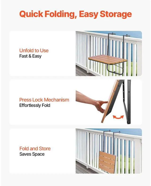 Alt view image 5 of 7 - Balcony Hanging Table, 25 x 24 in Folding Balcony Railing Table, Outdoor Balcony Bar Table for Railings, 4-Level Adjustable, Fit Railing from 1" to 5.5", Serving Table for Patio & Deck