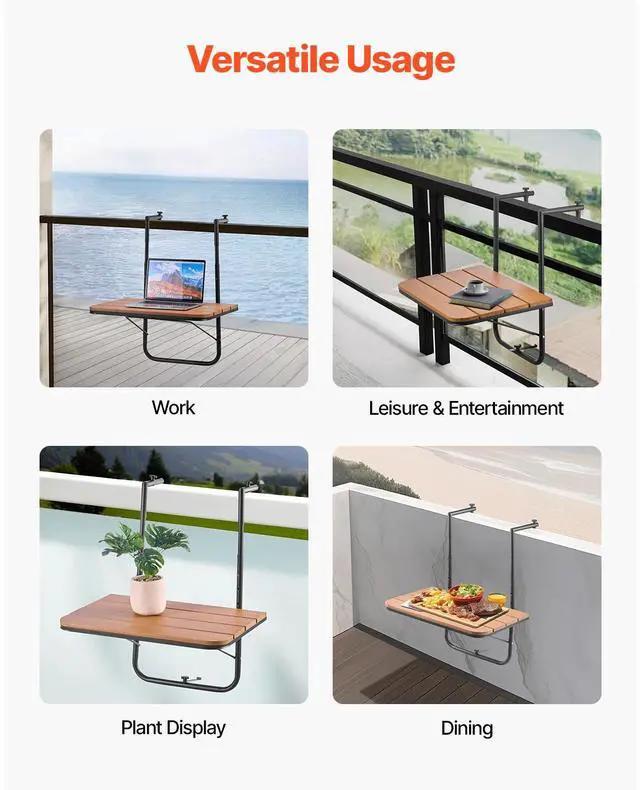 Alt view image 6 of 7 - Balcony Hanging Table, 25 x 24 in Folding Balcony Railing Table, Outdoor Balcony Bar Table for Railings, 4-Level Adjustable, Fit Railing from 1" to 5.5", Serving Table for Patio & Deck