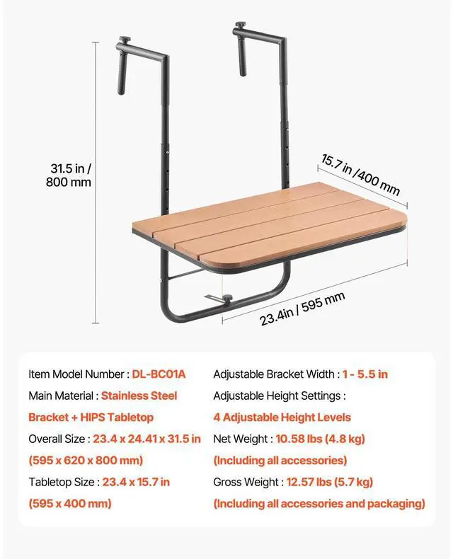 Alt view image 7 of 7 - Balcony Hanging Table, 25 x 24 in Folding Balcony Railing Table, Outdoor Balcony Bar Table for Railings, 4-Level Adjustable, Fit Railing from 1" to 5.5", Serving Table for Patio & Deck