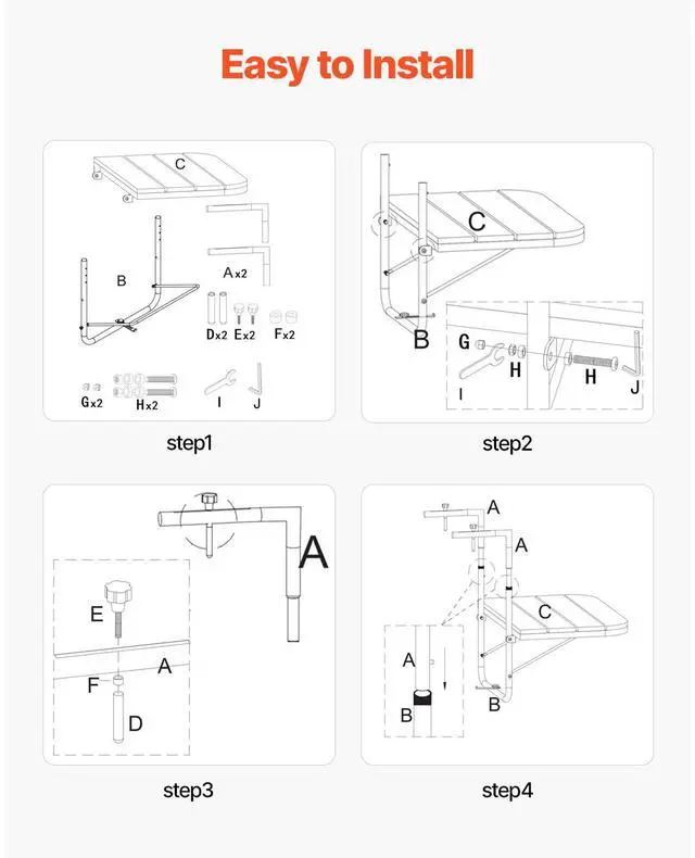 Alt view image 4 of 7 - Balcony Hanging Table, 25 x 24 in Folding Balcony Railing Table, Outdoor Balcony Bar Table for Railings, 4-Level Adjustable, Fit Railing from 1" to 5.5", Serving Table for Patio & Deck