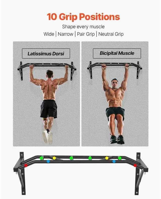 Alt view image 3 of 7 - Pull Up Bar, Multi-Grip Wall Mounted Pull Ups, 50 in Width Multifunctional Chin Up Training Station, Heavy Duty Steel Upper Body Workout Bars with Hangers, 440 lbs Weight Capacity, for Home Gym