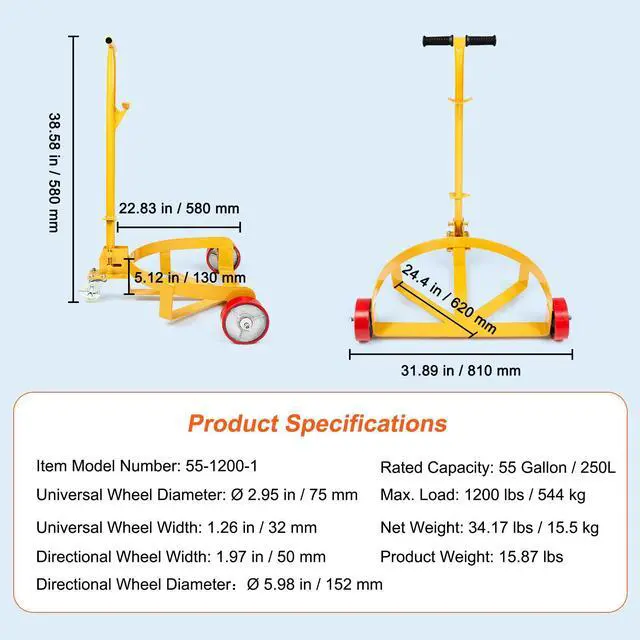 Alt view image 7 of 7 - VEVOR 55 Gallon Drum Dolly, 1200 lbs Load Capacity, Barrel Dolly Cart Drum Caddy Round Dolly Steel Low Profile, Heavy Duty Steel Frame with Adjustable Handle 3 Wheels, for Workshop Factory Warehouse