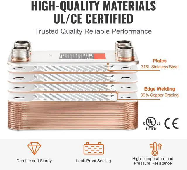 Alt view image 2 of 7 - Heat Exchanger, 5"x 12" 30 Plates Brazed Plate Heat Exchanger, Copper/316L Stainless Steel Water To Water Heat Exchanger For Floor Heating, Water Heating, Snow Melting, Beer Cooling