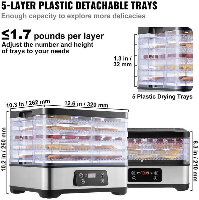 Alt view image 3 of 7 - Food Dehydrator Machine, 5-Tray Fruit Dehydrator, 300W Electric Food Dryer w/ Digital Adjustable Timer & Temperature for Jerky, Herb, Meat, Beef, Fruit, Dog Treats and Vegetables, ETL Listed