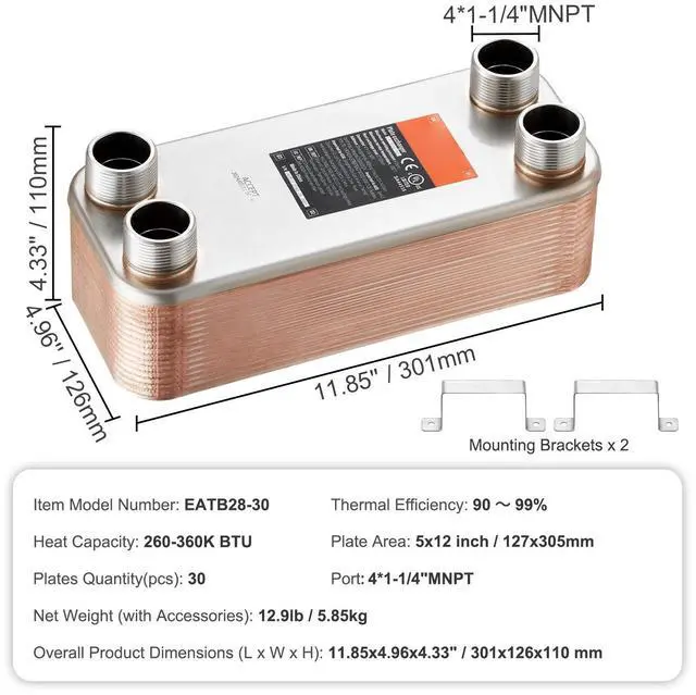 Alt view image 7 of 7 - Heat Exchanger, 5"x 12" 30 Plates Brazed Plate Heat Exchanger, Copper/316L Stainless Steel Water To Water Heat Exchanger For Floor Heating, Water Heating, Snow Melting, Beer Cooling