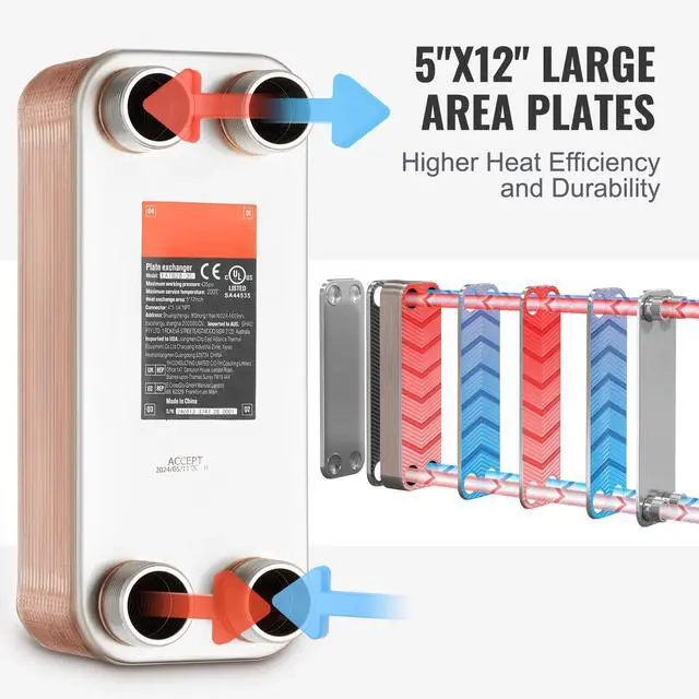 Alt view image 4 of 7 - Heat Exchanger, 5"x 12" 30 Plates Brazed Plate Heat Exchanger, Copper/316L Stainless Steel Water To Water Heat Exchanger For Floor Heating, Water Heating, Snow Melting, Beer Cooling