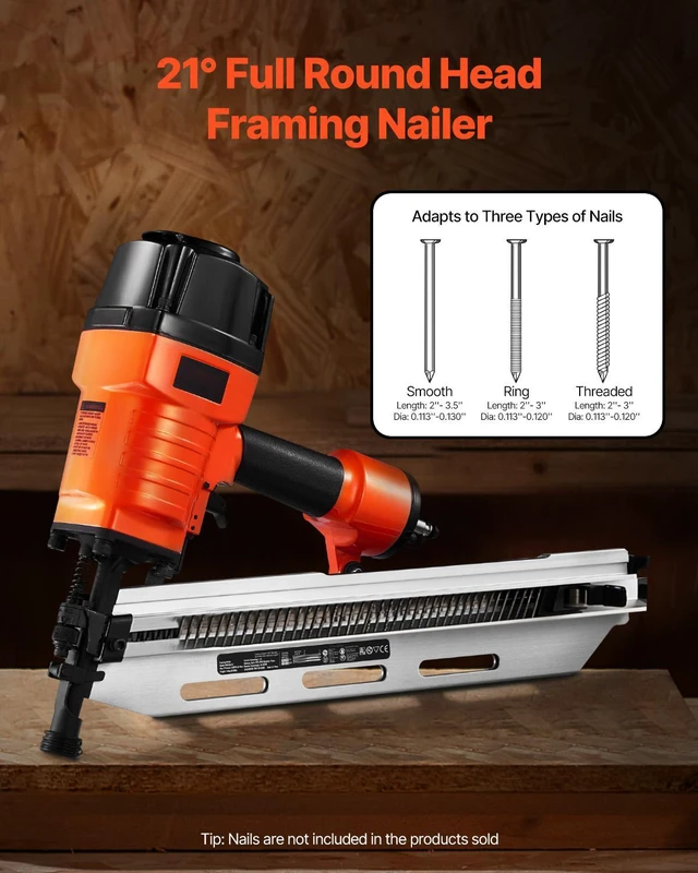 Alt view image 2 of 7 - Framing Nailer, 80-120PSI Air Nail Gun, 2" to 3-1/2" 21 Degree Full Round Head Pneumatic Framing Nailer with Tool-Less Depth Adjustment & Dual Trigger Modes, Ideal for Framing Decking Flooring