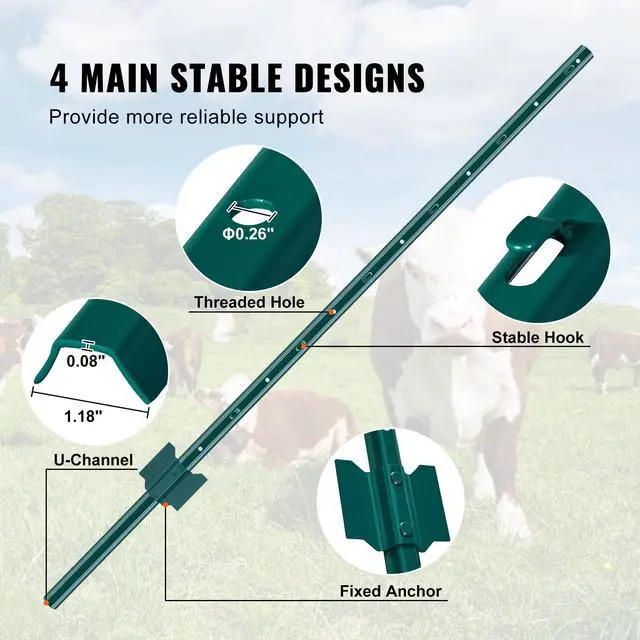 Alt view image 4 of 7 - 4 Feet Fence Post, 10 Pack U-Channel Heavy Duty Metal Fence Posts, Sturdy Steel Fence Stakes for Garden Yard, Lawn, Farms and Outdoor Wire Fencing, Green