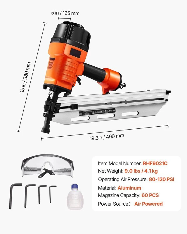 Alt view image 7 of 7 - Framing Nailer, 80-120PSI Air Nail Gun, 2" to 3-1/2" 21 Degree Full Round Head Pneumatic Framing Nailer with Tool-Less Depth Adjustment & Dual Trigger Modes, Ideal for Framing Decking Flooring