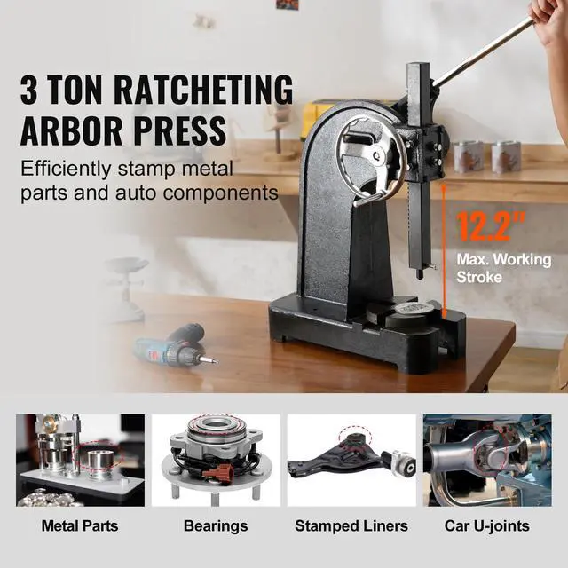 Alt view image 2 of 7 - Arbor Press, 3 Ton Ratchet Type Arbor Press, Ratchet Leverage Arbor Press with Handwheel, 12.2" Maximum Height, Cast Iron Manual Desktop Punch Press, for Stamping, Bending, Stretching, Forming