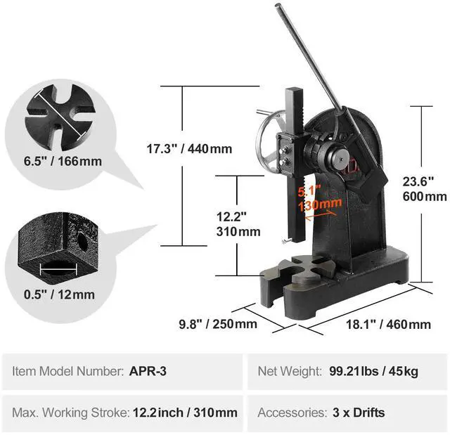 Alt view image 7 of 7 - Arbor Press, 3 Ton Ratchet Type Arbor Press, Ratchet Leverage Arbor Press with Handwheel, 12.2" Maximum Height, Cast Iron Manual Desktop Punch Press, for Stamping, Bending, Stretching, Forming