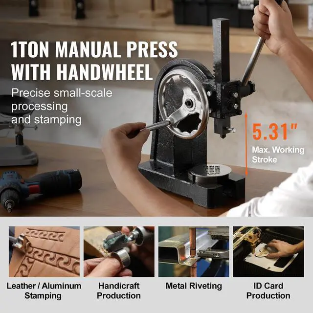 Alt view image 2 of 7 - Arbor Press, 1 Ton Manual Arbor Press with Handwheel, 5.9" Maximum Height, Cast Iron Heavy-duty Manual Desktop Arbor Press, Precision Hand Press for Stamping, Bending, Stretching, Forming