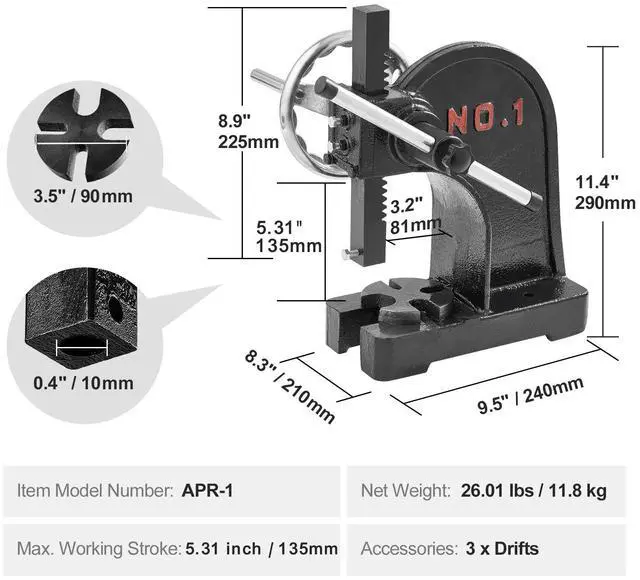 Alt view image 7 of 7 - Arbor Press, 1 Ton Manual Arbor Press with Handwheel, 5.9" Maximum Height, Cast Iron Heavy-duty Manual Desktop Arbor Press, Precision Hand Press for Stamping, Bending, Stretching, Forming