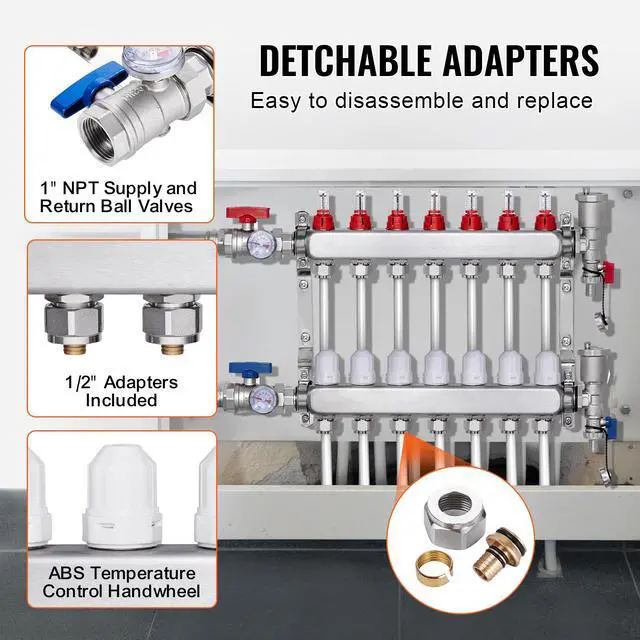 Alt view image 3 of 7 - VEVOR 7-Branch Radiant Heat Manifold 1/2" PEX Tubing Floor Heating Manifold Set