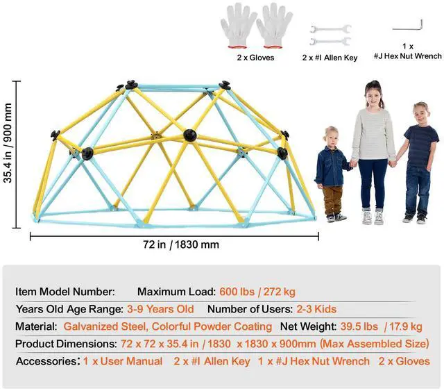Alt view image 7 of 7 - Climbing Dome, Jungle Gym Supports 600LBS and Easy Assembly, 6FT Geometric Dome Climber Play Center for Kids 3 to 9 Years Old, with Climbing Grip, Outdoor and Indoor Play Equipment for Kids