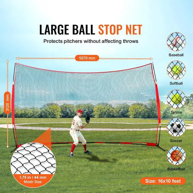 Alt view image 2 of 7 - VEVOR Barricade Backstop Net, 16x10 ft Ball Sports Barrier Netting, Portable Practice Equipment with Carry Bag, Protection Screen for Baseball Softball Soccer Training, for Backyard
