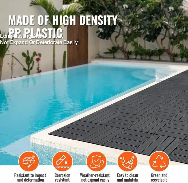 Alt view image 6 of 7 - Interlocking Deck Tiles, 36 Pack,11.6"x11.6" 36 sq. ft Plastic Waterproof Outdoor Flooring All Weather Use, Patio Floor Decking Covering Tiles for Porch Poolside Balcony Backyard, Dark Grey