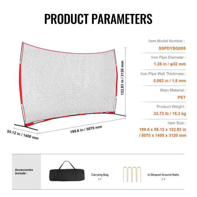 Alt view image 7 of 7 - VEVOR Barricade Backstop Net, 16x10 ft Ball Sports Barrier Netting, Portable Practice Equipment with Carry Bag, Protection Screen for Baseball Softball Soccer Training, for Backyard