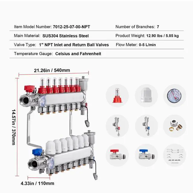 Alt view image 7 of 7 - VEVOR 7-Branch Radiant Heat Manifold 1/2" PEX Tubing Floor Heating Manifold Set