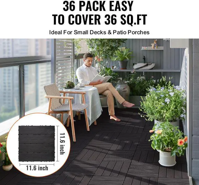 Alt view image 2 of 7 - Interlocking Deck Tiles, 36 Pack,11.6"x11.6" 36 sq. ft Plastic Waterproof Outdoor Flooring All Weather Use, Patio Floor Decking Covering Tiles for Porch Poolside Balcony Backyard, Dark Brown