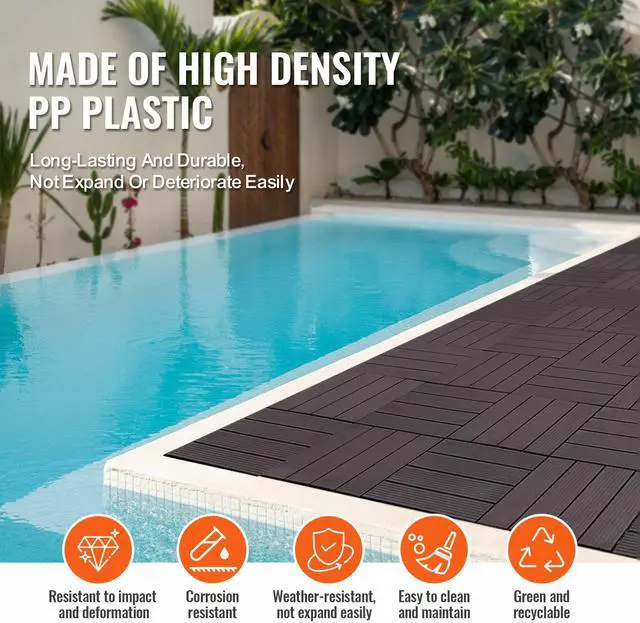 Alt view image 6 of 7 - Interlocking Deck Tiles, 36 Pack,11.6"x11.6" 36 sq. ft Plastic Waterproof Outdoor Flooring All Weather Use, Patio Floor Decking Covering Tiles for Porch Poolside Balcony Backyard, Dark Brown