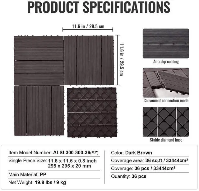 Alt view image 7 of 7 - Interlocking Deck Tiles, 36 Pack,11.6"x11.6" 36 sq. ft Plastic Waterproof Outdoor Flooring All Weather Use, Patio Floor Decking Covering Tiles for Porch Poolside Balcony Backyard, Dark Brown