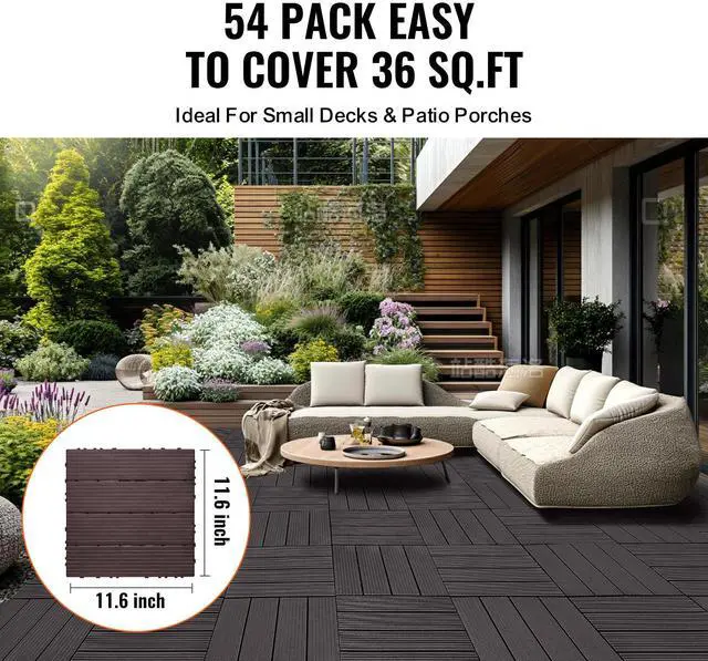 Alt view image 2 of 7 - Interlocking Deck Tiles, 54 Pack,12"x12" 54 sq. ft Plastic Waterproof Outdoor Flooring All Weather Use, Patio Floor Decking Covering Tiles for Porch Poolside Balcony Backyard, Dark Brown