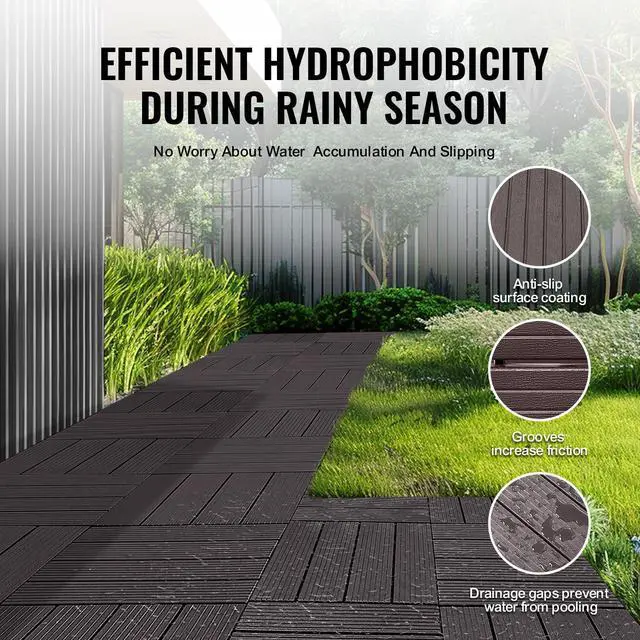 Alt view image 4 of 7 - Interlocking Deck Tiles, 54 Pack,12"x12" 54 sq. ft Plastic Waterproof Outdoor Flooring All Weather Use, Patio Floor Decking Covering Tiles for Porch Poolside Balcony Backyard, Dark Brown