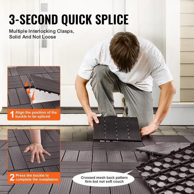 Alt view image 5 of 7 - Interlocking Deck Tiles, 54 Pack,12"x12" 54 sq. ft Plastic Waterproof Outdoor Flooring All Weather Use, Patio Floor Decking Covering Tiles for Porch Poolside Balcony Backyard, Dark Brown
