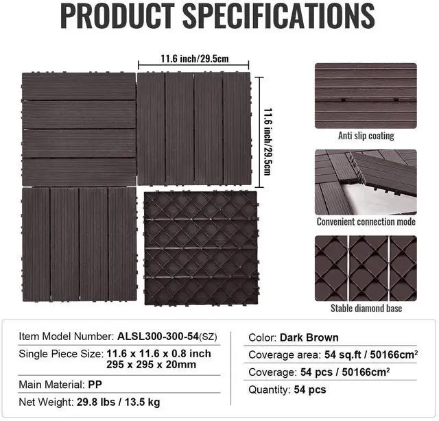 Alt view image 7 of 7 - Interlocking Deck Tiles, 54 Pack,12"x12" 54 sq. ft Plastic Waterproof Outdoor Flooring All Weather Use, Patio Floor Decking Covering Tiles for Porch Poolside Balcony Backyard, Dark Brown