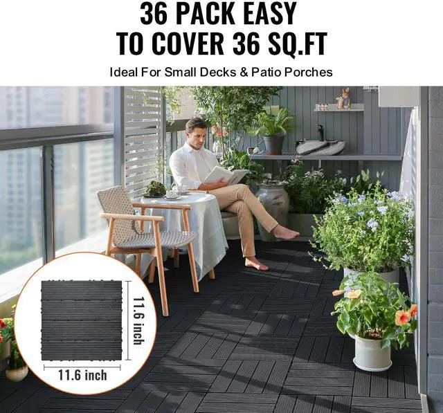 Alt view image 2 of 7 - Interlocking Deck Tiles, 36 Pack,11.6"x11.6" 36 sq. ft Plastic Waterproof Outdoor Flooring All Weather Use, Patio Floor Decking Covering Tiles for Porch Poolside Balcony Backyard, Dark Grey