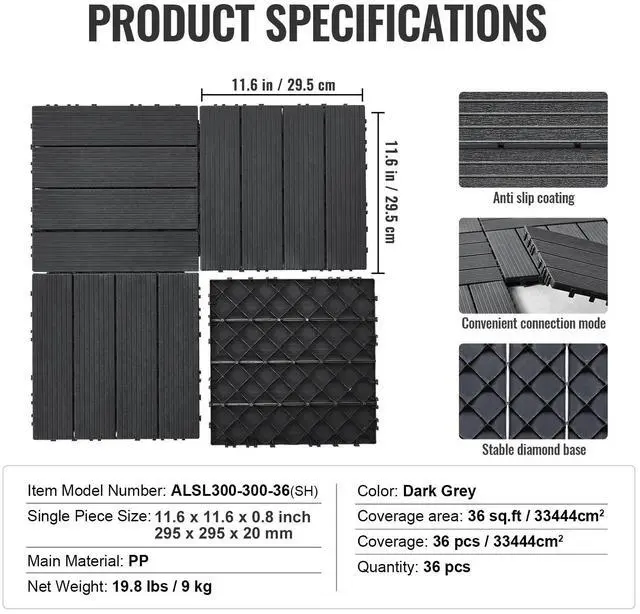 Alt view image 7 of 7 - Interlocking Deck Tiles, 36 Pack,11.6"x11.6" 36 sq. ft Plastic Waterproof Outdoor Flooring All Weather Use, Patio Floor Decking Covering Tiles for Porch Poolside Balcony Backyard, Dark Grey