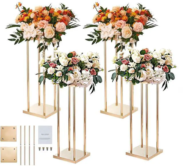 Main image of 4PCS Gold Metal Column Wedding Flower Stand, 31.5inch High With Metal Laminate, Vase Geometric Centerpiece Stands, Cylindrical Floral Display Rack for Events Reception, Party Road Leads