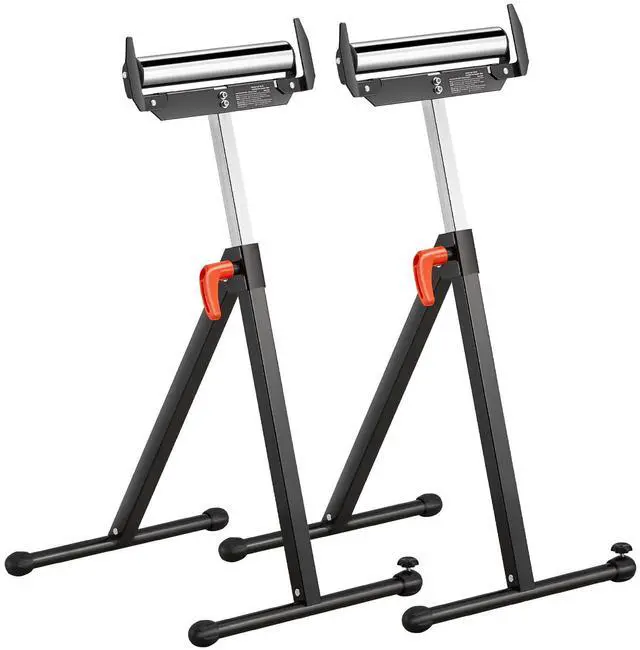 Main image of 2-Pack Roller Stands, 250 lbs Load Capacity, 27-43 in Adjustable Height, Folding Heavy Duty with Polished Steel Roller Head & Edge Guides, for Table Saw Outfeed Woodworking Extension Support