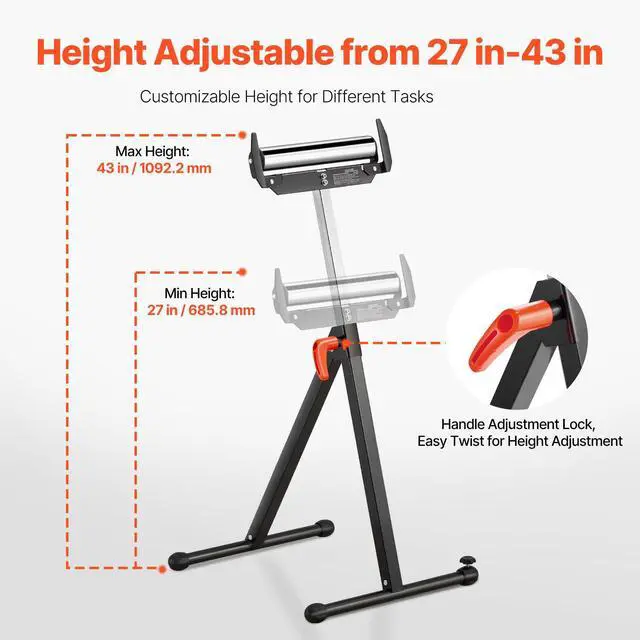 Alt view image 3 of 7 - 2-Pack Roller Stands, 250 lbs Load Capacity, 27-43 in Adjustable Height, Folding Heavy Duty with Polished Steel Roller Head & Edge Guides, for Table Saw Outfeed Woodworking Extension Support
