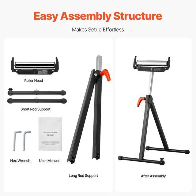 Alt view image 6 of 7 - 2-Pack Roller Stands, 250 lbs Load Capacity, 27-43 in Adjustable Height, Folding Heavy Duty with Polished Steel Roller Head & Edge Guides, for Table Saw Outfeed Woodworking Extension Support