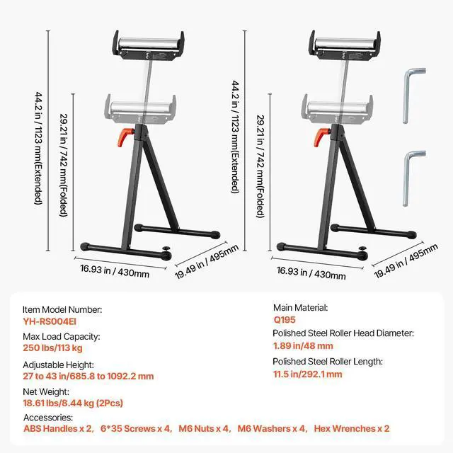 Alt view image 7 of 7 - 2-Pack Roller Stands, 250 lbs Load Capacity, 27-43 in Adjustable Height, Folding Heavy Duty with Polished Steel Roller Head & Edge Guides, for Table Saw Outfeed Woodworking Extension Support