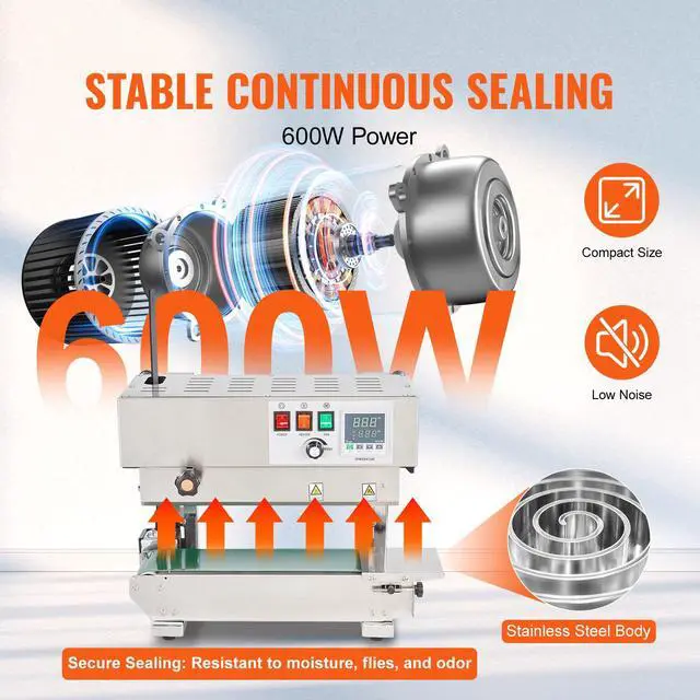 Alt view image 2 of 7 - Continuous Bag Band Sealing Machine, 0.24-0.47 in/6-12 mm Seal Width, Vertical Band Sealer Machine with Digital Temperature Control, Stainless Steel Bag Sealer for 0.02-0.8 mm Plastic Bags Films