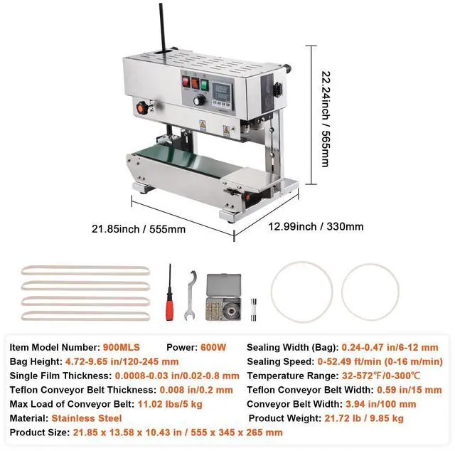 Alt view image 7 of 7 - Continuous Bag Band Sealing Machine, 0.24-0.47 in/6-12 mm Seal Width, Vertical Band Sealer Machine with Digital Temperature Control, Stainless Steel Bag Sealer for 0.02-0.8 mm Plastic Bags Films