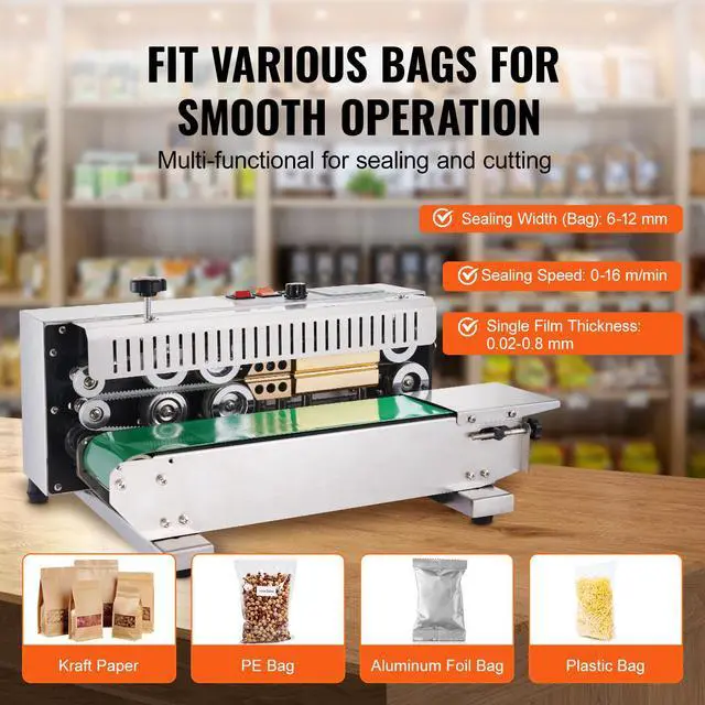 Alt view image 3 of 7 - Continuous Bag Band Sealing Machine, 0.24-0.47 in/6-12 mm Seal Width, Horizontal Band Sealer Machine with Digital Temperature Control, Stainless Steel Bag Sealer for 0.02-0.8 mm Plastic Bag Film