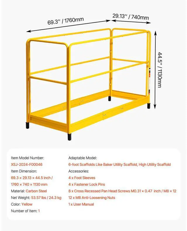 Alt view image 7 of 7 - 6 Foot Scaffolding Safety Guardrail, Rustproof Solid Carbon Steel Scaffold Guard Rail of 55.4 lbs Load Capacity, Baker Style Metal Guardrails Accessory System for Scaffolding Platform, Yellow