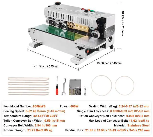 Alt view image 7 of 7 - Continuous Bag Band Sealing Machine, 0.24-0.47 in/6-12 mm Seal Width, Horizontal Band Sealer Machine with Digital Temperature Control, Stainless Steel Bag Sealer for 0.02-0.8 mm Plastic Bag Film