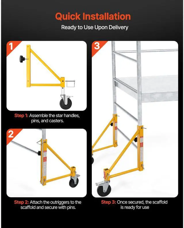 Alt view image 4 of 7 - 4-Pack Scaffold Outriggers, 1000 lbs Total Load Capacity Baker-Style Scaffolding Accessory with Swivel Casters, Carbon Steel Scaffold Wheel System with Rust Proof Galvanized Surface, Yellow