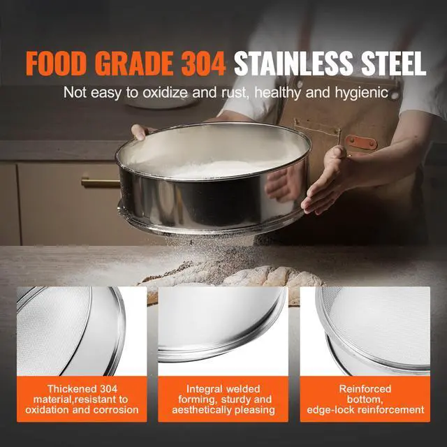 Alt view image 2 of 7 - Flour Sieve Fine Mesh, 10 Mesh Flour Sifter, 304 Stainless Steel Fine Mesh Sifter Food-grade, Dia. 12.6" Fine Mesh Strainers for Baking, 5 Sizes Mesh hole for Mungbean, Rice, Flour, Pearl Powder