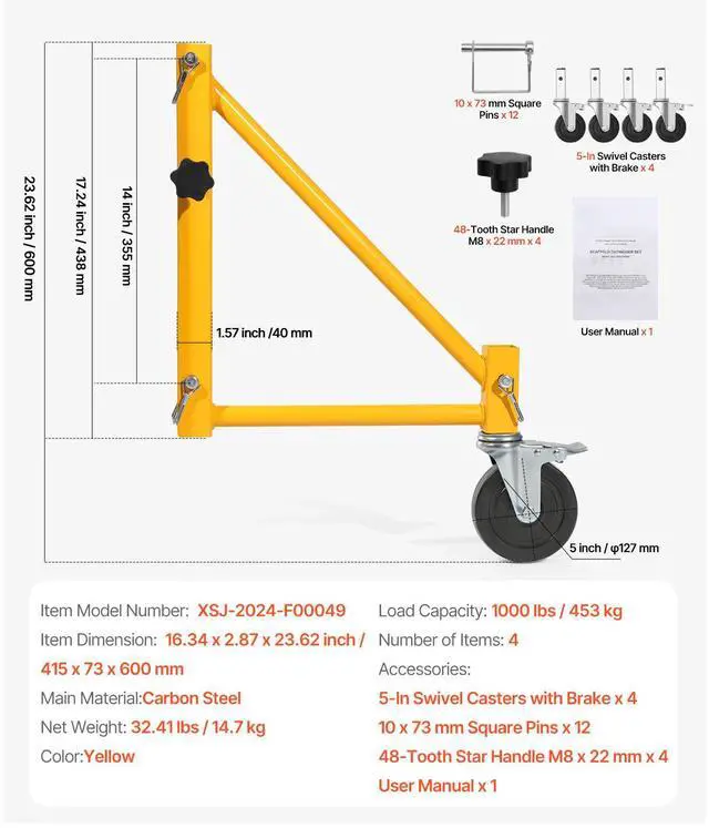 Alt view image 7 of 7 - 4-Pack Scaffold Outriggers, 1000 lbs Total Load Capacity Baker-Style Scaffolding Accessory with Swivel Casters, Carbon Steel Scaffold Wheel System with Rust Proof Galvanized Surface, Yellow