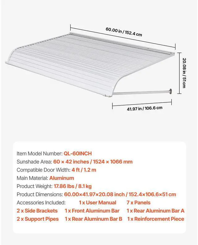 Alt view image 7 of 7 - Aluminum Awning 60 x 42 in, Durable Window Awning Door Canopy, Lightweight and Stable Aluminum Awnings for Doors Exterior Rain Snow Sunlight Protection for Door Entrance Windows Patio Porch