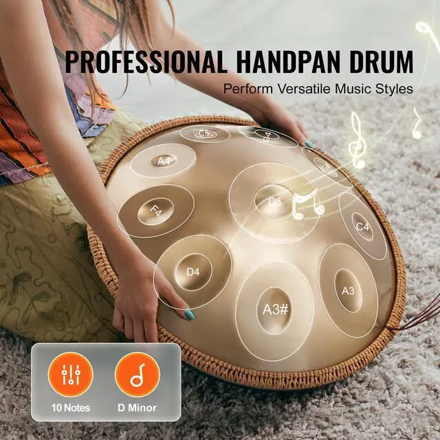 Alt view image 2 of 7 - Handpan Drum, 22 in & 10 Notes, D Minor Hand Drum, Hand Pan Drum Instrument with Mallets, 432Hz Handpan Stand & Carry Bag, Steel Healing Sound Drum, Percussion Instruments for Adults Beginners